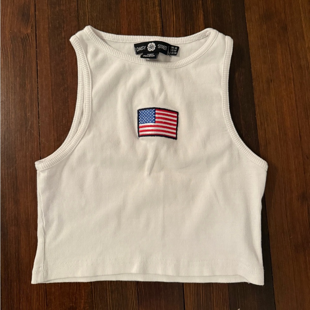 White Sleeveless Crop Tank Top with Graphic American Flag